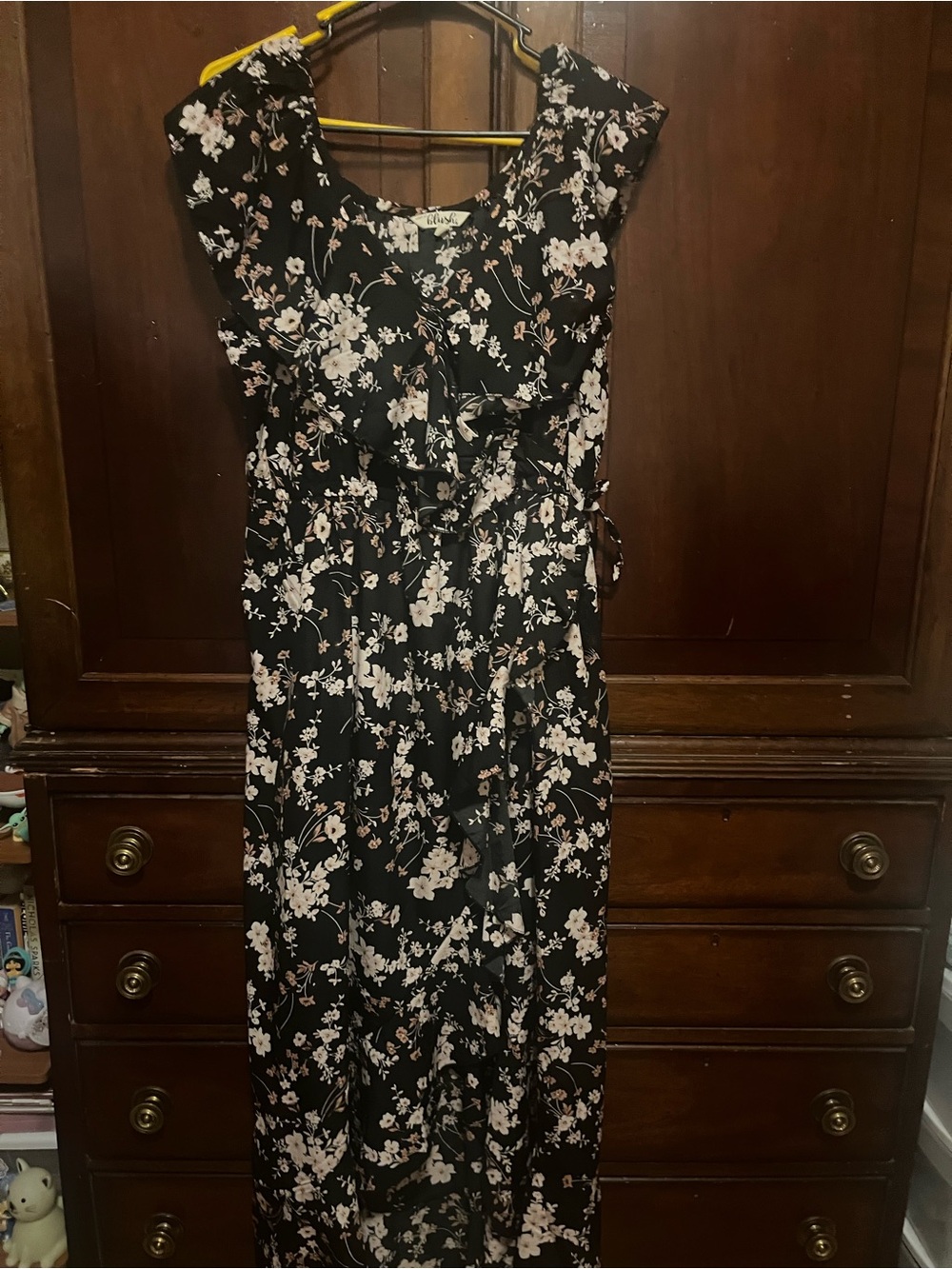 Black Floral High-Low Maxi Dress with Pale Pink Blossoms